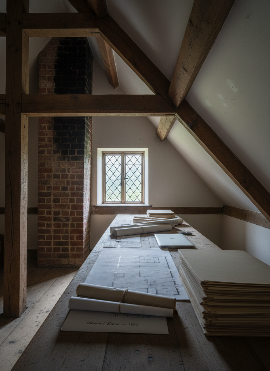 An attic workspace in a historic home adapted for research, with exposed rough-sawn beams, old brick chimney stack, and gently sloped plaster ceiling. A long vintage wooden table is scattered with rolled site plans, a carefully labeled floor plan of the house, and a laptop closed beside a stack of archival folders to avoid modern visual dominance. A small leaded-glass dormer window admits cool, diffused northern light, illuminating dust motes in the air and highlighting the grain of the aged wood. The camera is positioned slightly low, looking toward the window, with moderate depth of field. The atmosphere is quiet and studious, conveying the ongoing, methodical investigation into the architectural history of the home within an authentically historic setting.