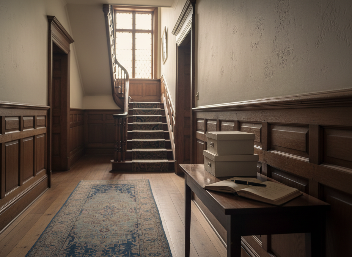 A refined interior hallway of an early 1900s home, featuring original hardwood floors with a satin sheen and a runner rug lightly faded by time. Tall plaster walls are painted a muted cream, interrupted by dark-stained wainscoting with intricate panel profiles. At the end of the corridor, a finely detailed staircase curves upward, its turned balusters and polished handrail catching soft morning light from a high window. On a narrow console table rests a small stack of archival boxes and an open leather-bound notebook. The scene is photographed in natural, directional light, with a shallow depth of field focusing on the staircase details, creating a serene, scholarly atmosphere that suggests ongoing research into the stories embedded in this historic interior.