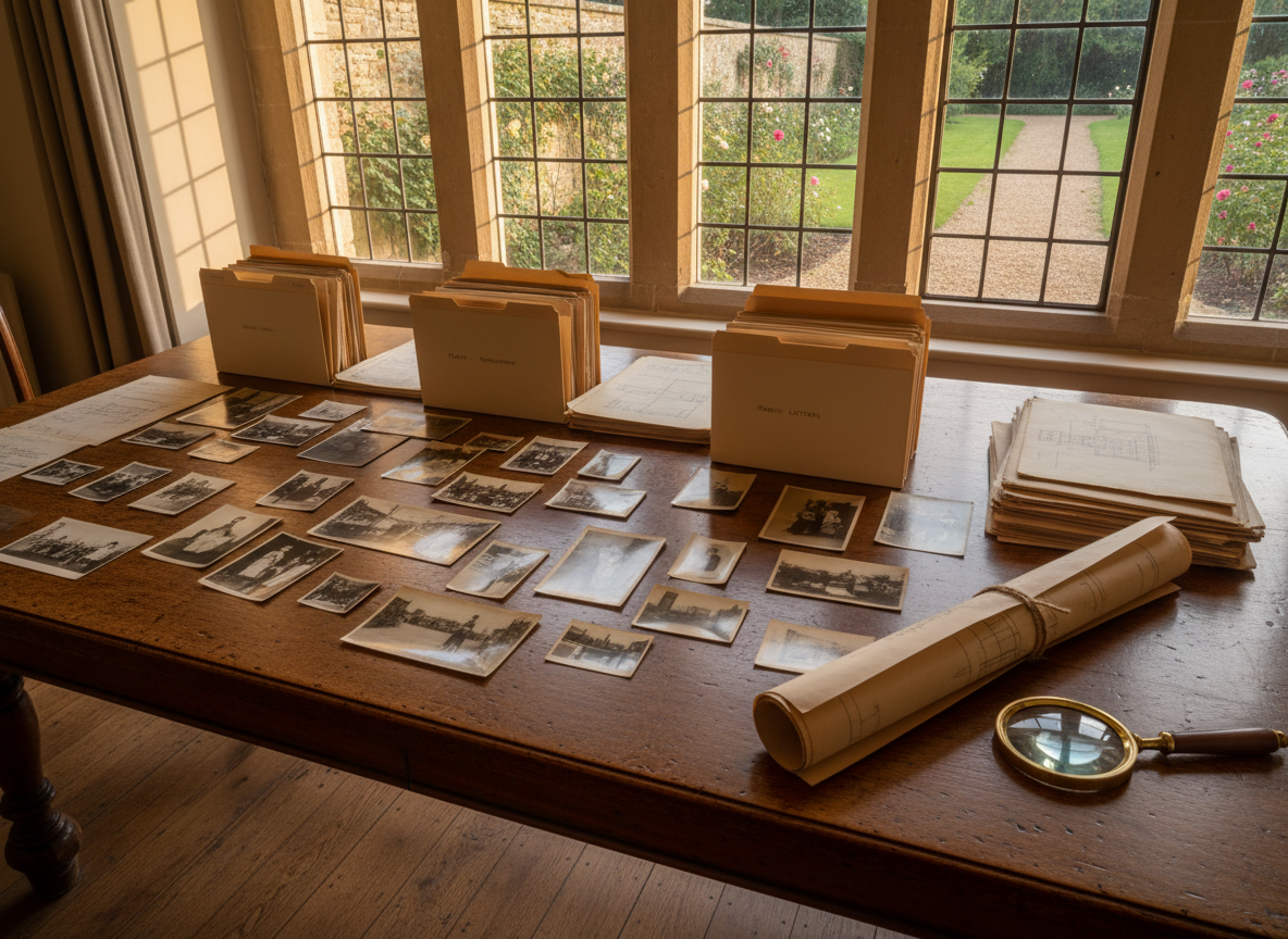 A large, antique oak dining table in a historic home, its surface gently worn and marked with faint scratches, covered with neatly arranged archival materials. There are sepia-toned photographs, crisp manila folders, rolled architectural blueprints secured with twine, and a magnifying glass resting near the edge. Behind the table, tall mullioned windows reveal a glimpse of an old garden and stone wall in soft focus. Late afternoon light streams in, casting long, warm shadows and subtle highlights on the paper textures and wood grain. The composition is shot from a slightly elevated angle, photographic realism, with a calm, investigative mood, evoking the meticulous process of uncovering the layered history of a beloved home through documents and architectural drawings.